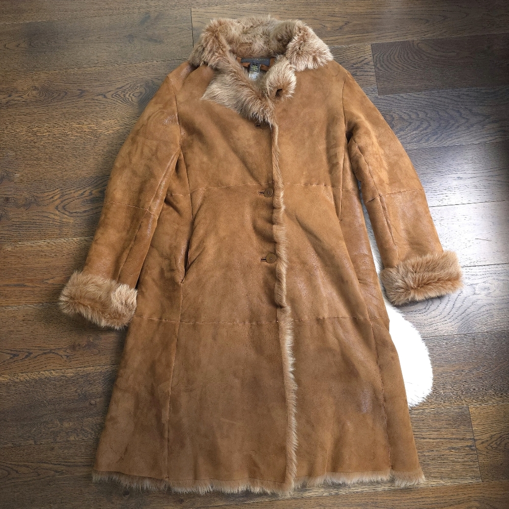 Vintage Donna Karan 70s Penny Lane Lamb Leather Suede Shearling Long Coat